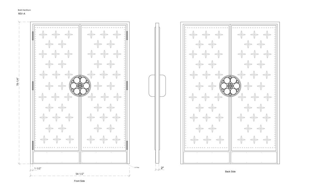 Architectural CAD shop drawing blueprint for custom acoustic home theater double doors showing 54-1/2 inch width by 78-1/4 inch height dimensions, star tufting pattern, circular film reel handles, side profile, and back side elevation views.