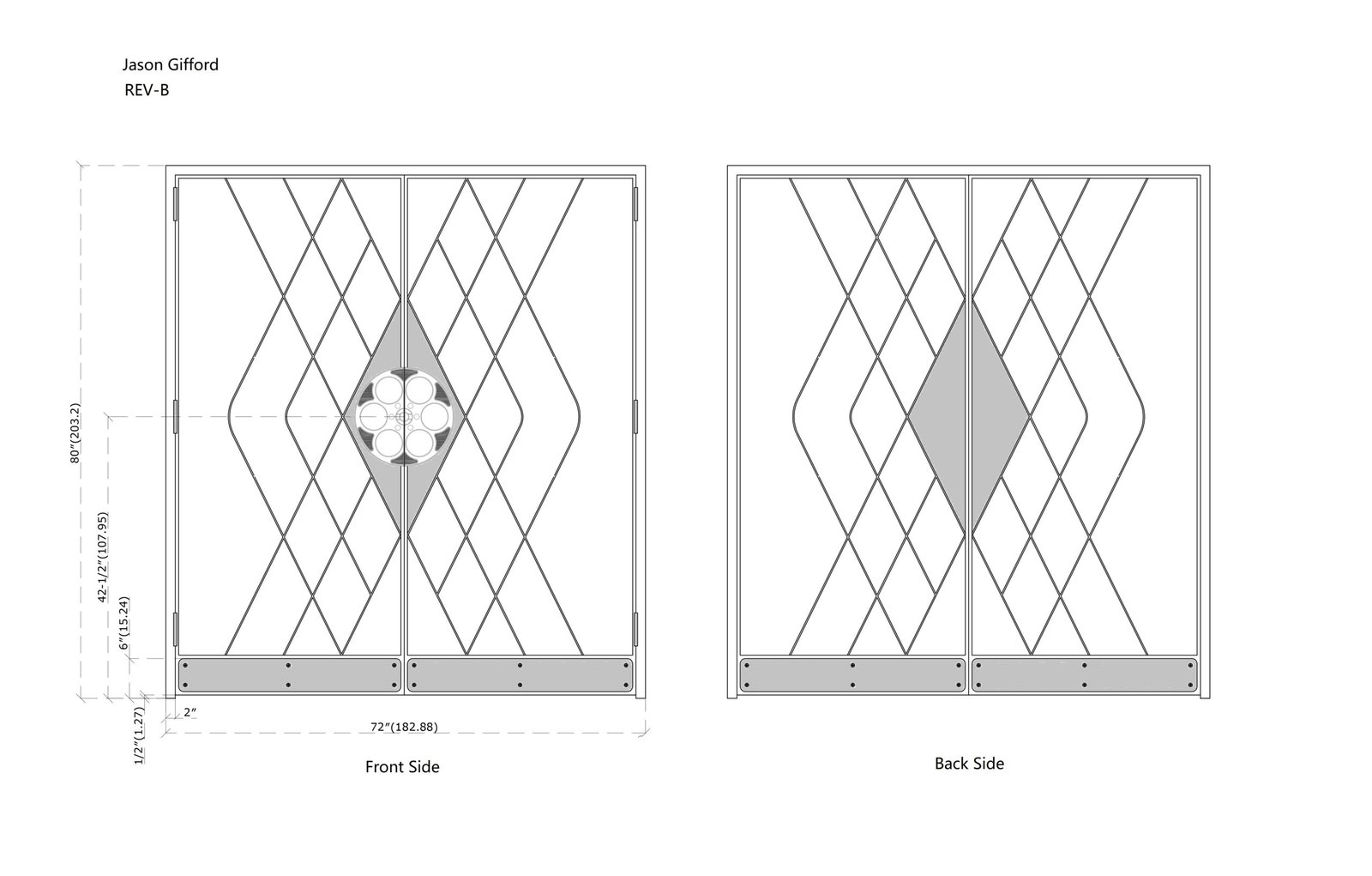 Technical CAD architectural drawing showing front and back elevation schematics for custom upholstered home theater double doors with diamond-tufted geometry, decorative film-reel center accent, and bottom kick plates.
