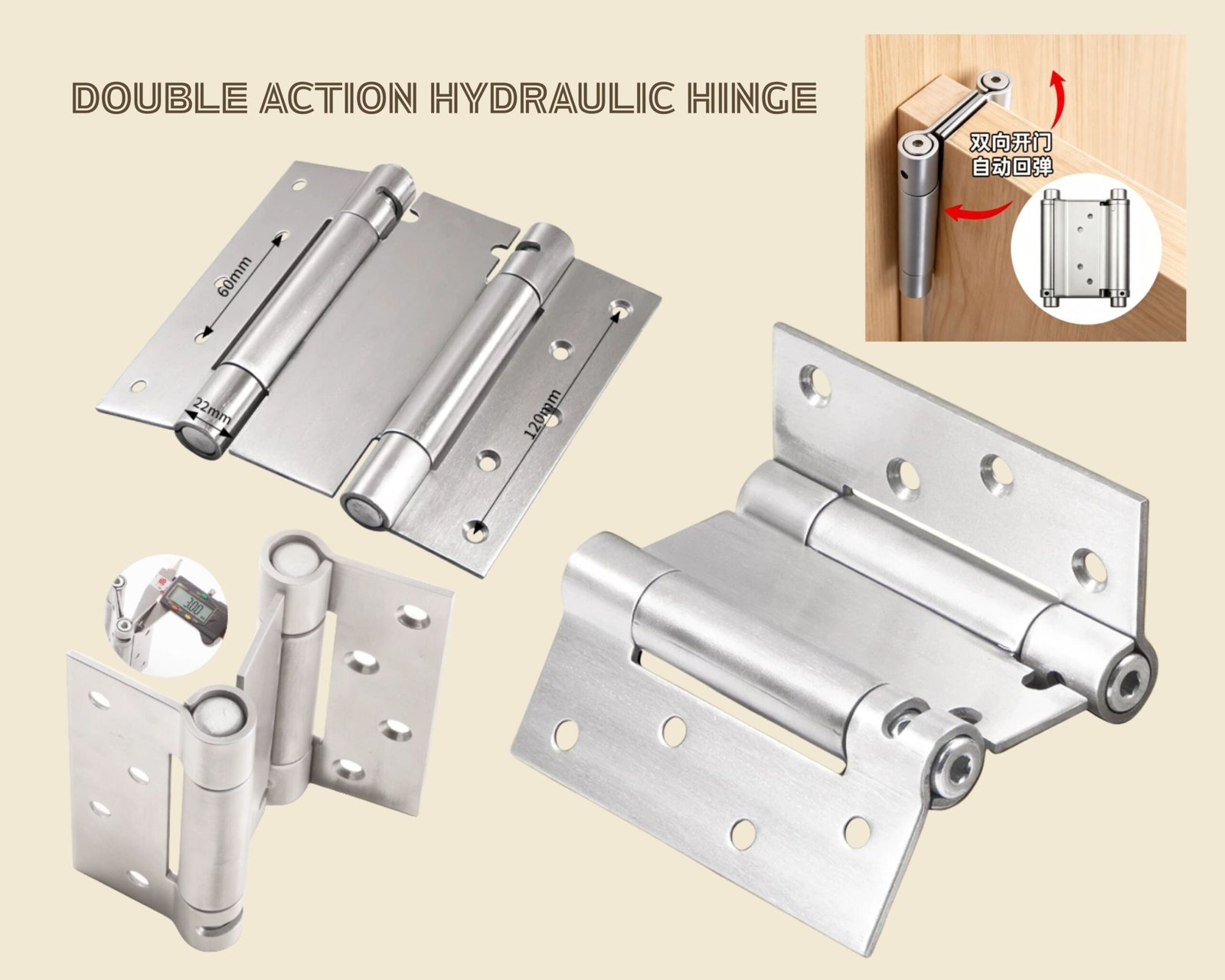Stainless steel double action hydraulic spring hinge showing dimensional specs including 120mm height, 60mm width, and 22mm cylinder thickness, along with installation and two-way self-closing mechanism diagrams.