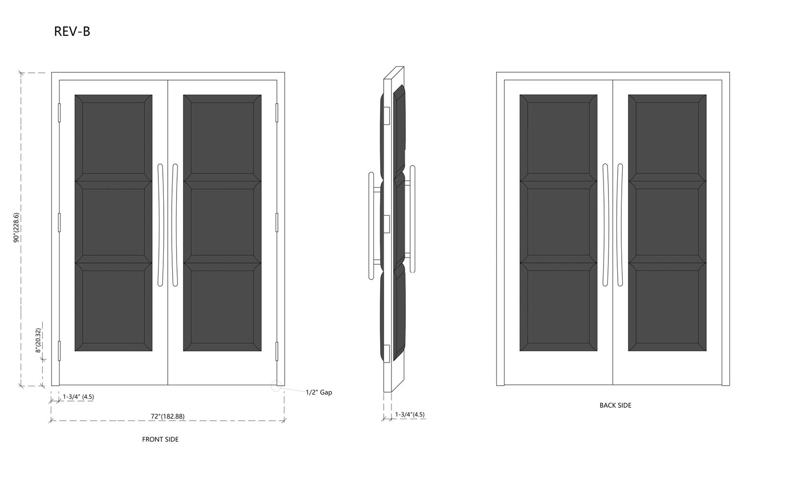 Architectural CAD shop drawing showing front, side, and back views with dimensions for 72x90 inch 3-panel padded upholstered acoustic home theater double doors with curved ladder handles by CROWNCUSTOMDOORS.