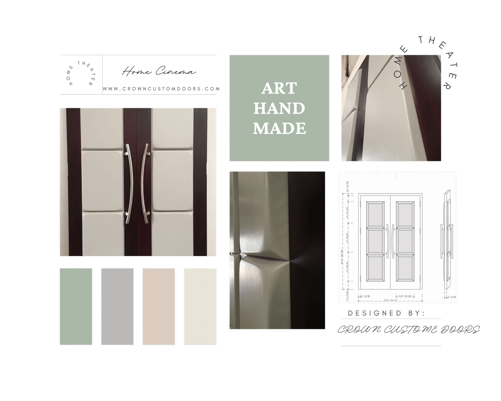 Aesthetic design poster and moodboard for custom solid mahogany acoustic home theater double doors featuring detail close-ups of ivory white upholstered panels, color swatches, CAD elevation blueprints, and text reading ART HAND MADE by Crown Custom Doors.