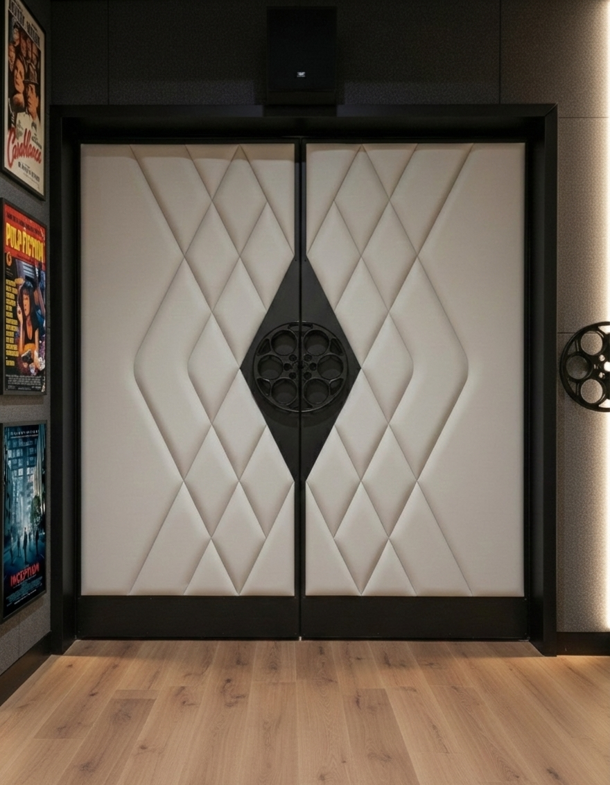 In-room installation photo of custom acoustic home theater double doors featuring off-white diamond-tufted vinyl upholstery, a black frame, diamond push plates, and a centered matte black film-reel door handle set between movie poster wall decor.