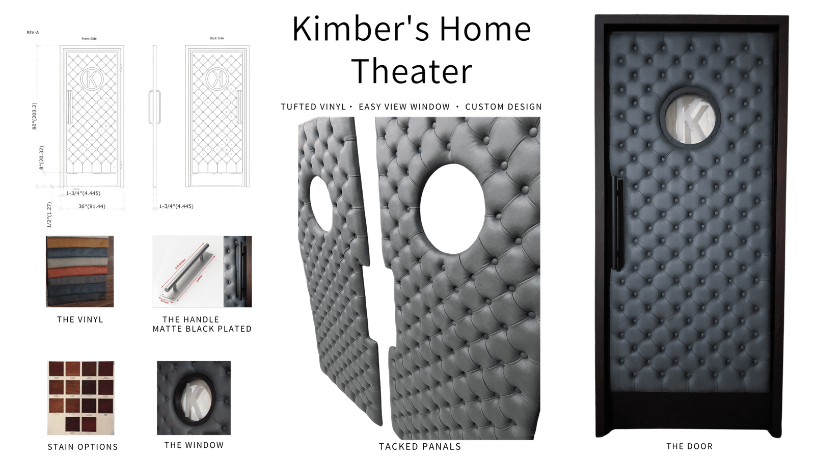 Custom acoustic home theater door design spec sheet for Kimber's Home Theater showing architectural CAD drawings, tufted grey-black leather upholstery, circular porthole vision window, and hardware details.