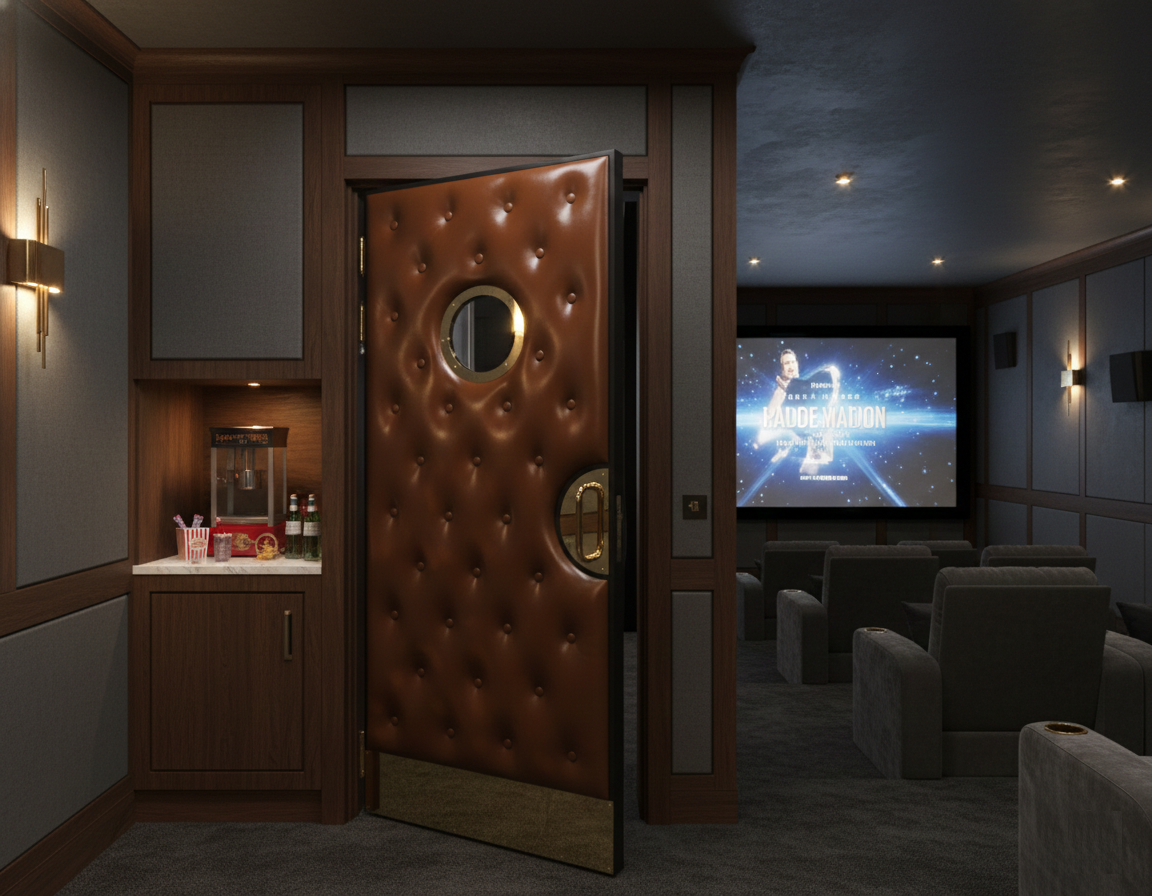 Custom acoustic home theater door installed in a luxury private cinema, featuring brown diamond-tufted upholstery, brass porthole window, brass kick plate, and custom half-moon handle.