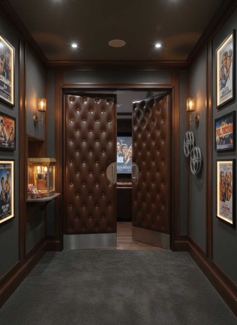 Open brown tufted leather double doors with brushed nickel circular handles revealing a private home theater room inside a hallway lined with vintage movie posters and warm wall sconces.