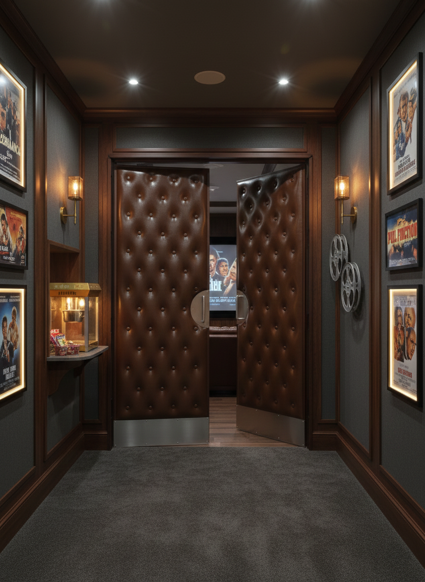 Open brown tufted leather double doors with brushed nickel circular handles revealing a private home theater room inside a hallway lined with vintage movie posters and warm wall sconces.