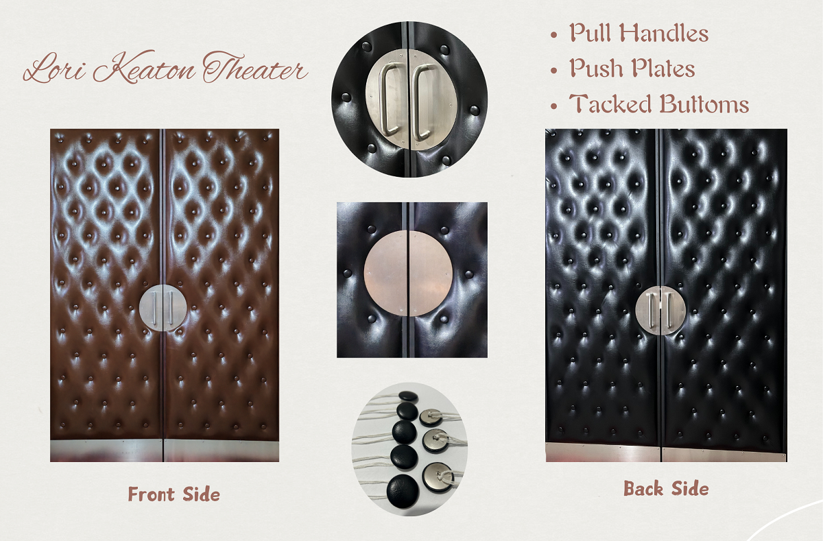 Specification graphic showing front and back sides of custom upholstered home theater double doors with brown and black tufted vinyl, brushed nickel circular pull handles, push plates, and tacked buttons.