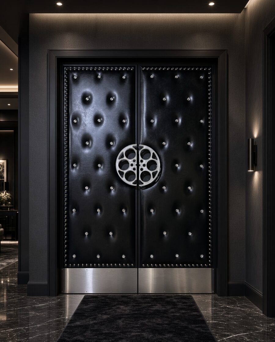Custom black upholstered acoustic home theater double doors installed in a modern luxury hallway, featuring crystal diamond tufted buttons, silver accent studs, silver film reel handles, and stainless steel kickplates.