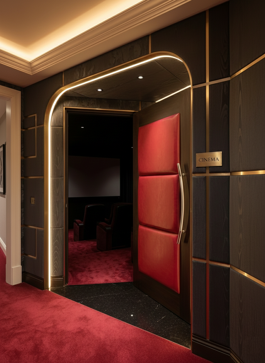Custom acoustic home theater entrance featuring a red leather padded door open to a private cinema room with recliner seating, illuminated archway trim, and dark wood wall paneling.