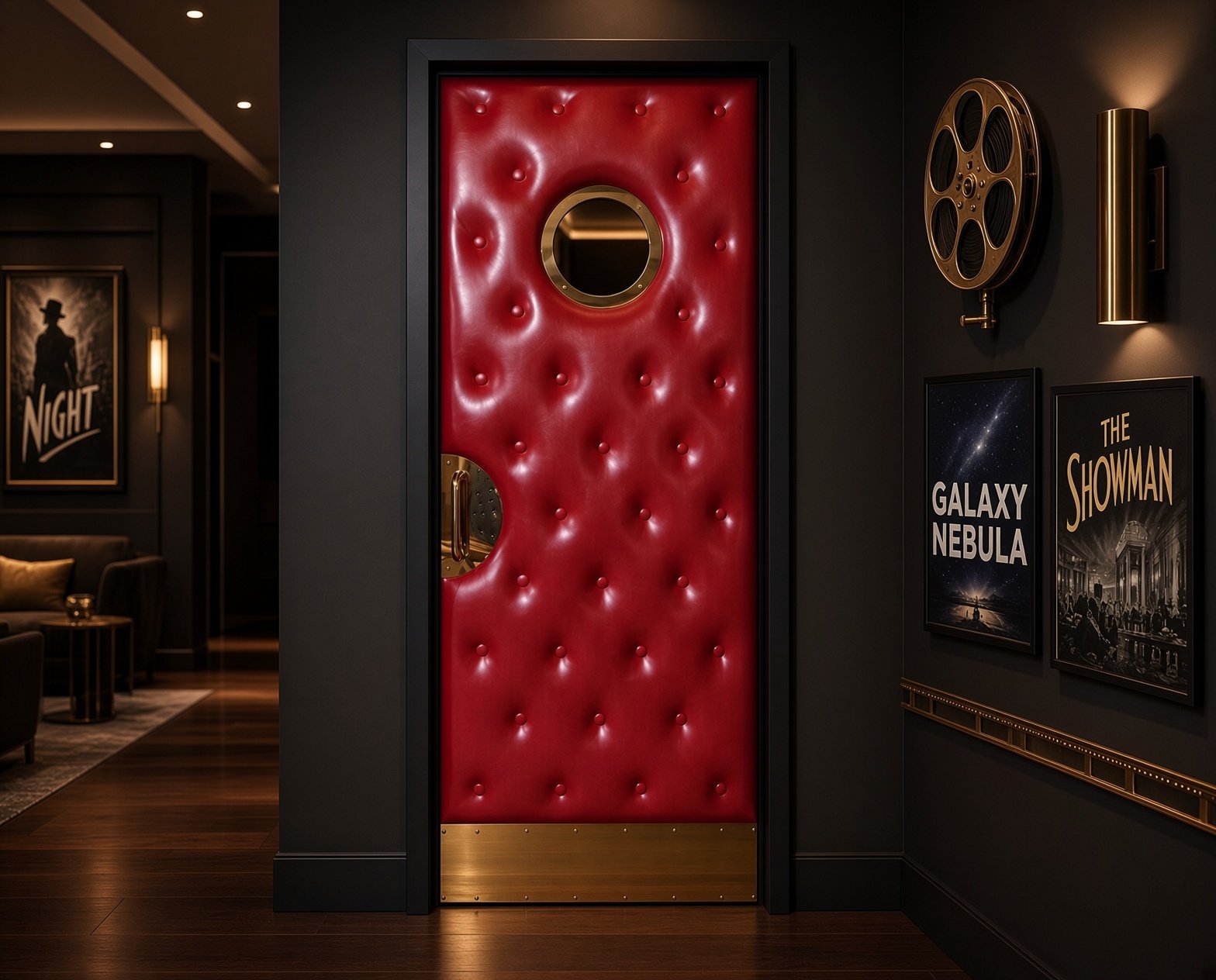 Luxury red vinyl diamond-tufted acoustic home theater door set in a modern dark hallway, featuring a circular brass porthole glass window, brass kick plate, and half-moon brass handle.