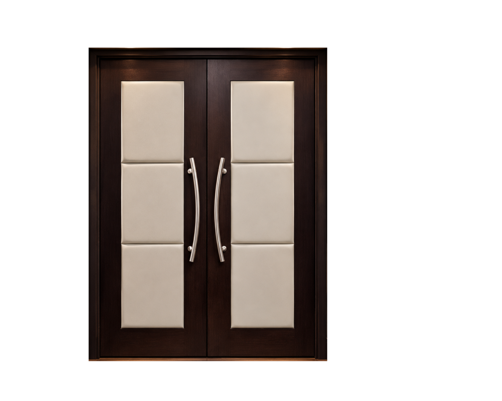 Custom acoustic home theater double doors made of dark stained solid wood with 3-panel ivory white padded vinyl upholstery and brushed metallic curved handles set against a solid black background by Crown Custom Doors.