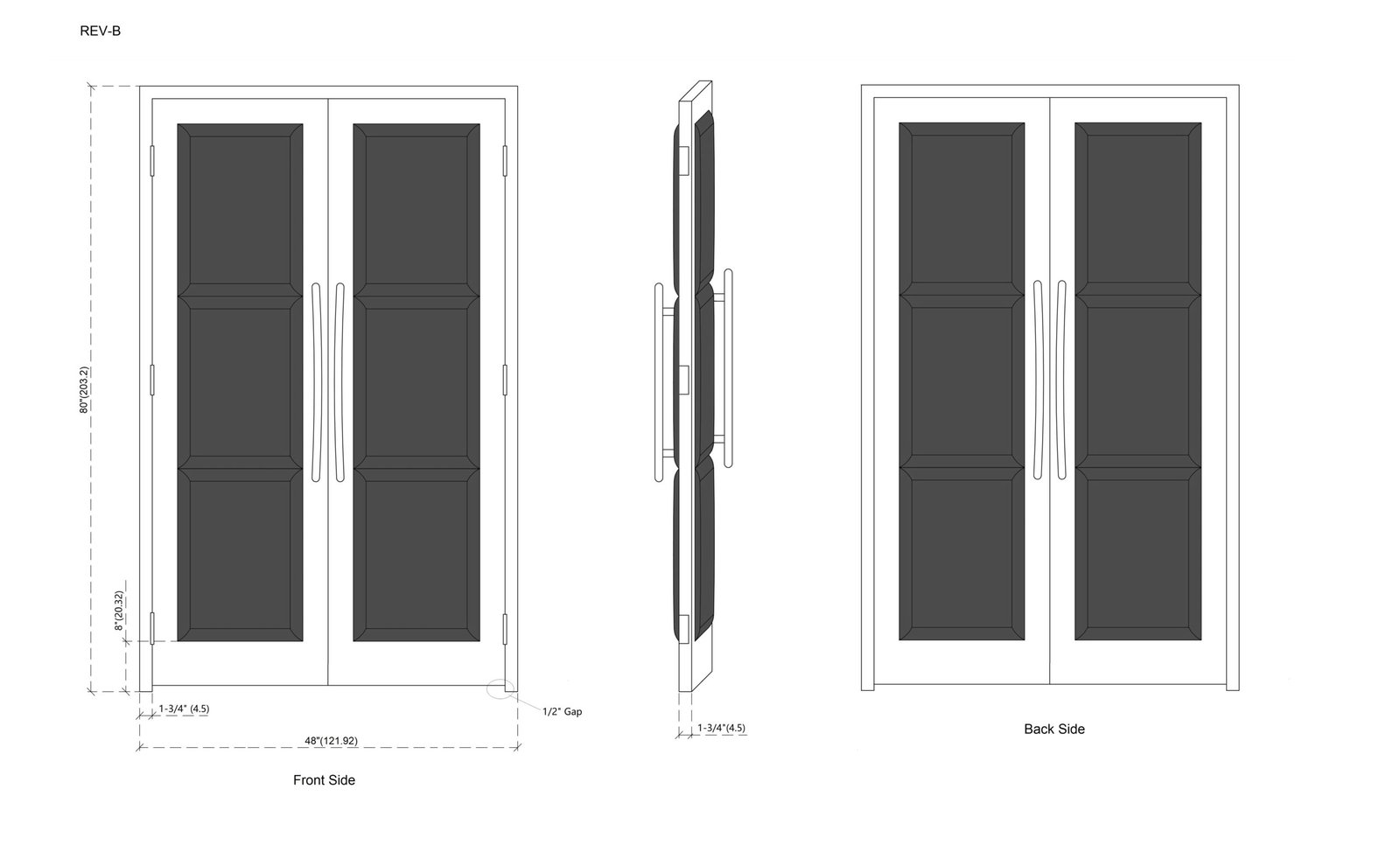 Architectural CAD shop drawing showing front, side, and back elevation views of custom storm gray upholstered padded double doors for a luxury home theater by Crown Custom Doors.