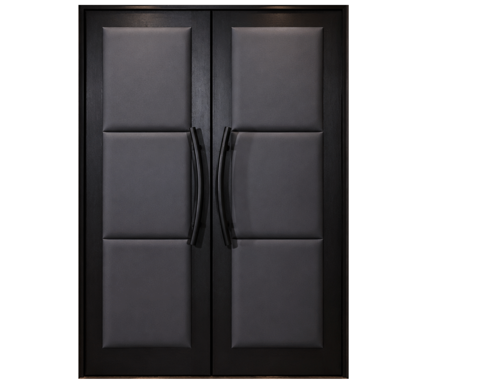 Studio product view of dark wood home theater double doors with storm gray padded leather panels and curved matte black handles against a clean black background by Crown Custom Doors.