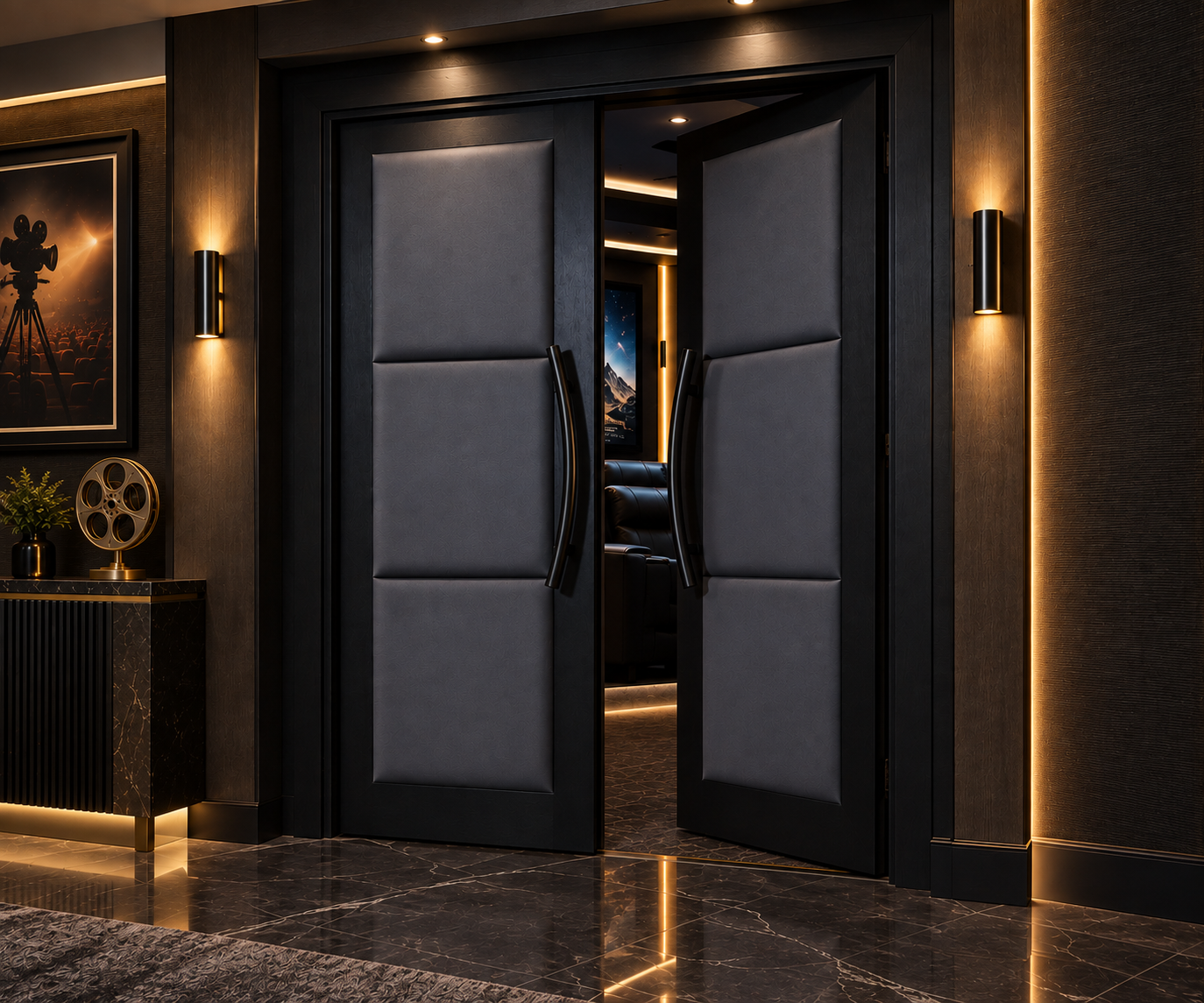 Modern luxury home theater entrance with dark wood double doors featuring storm gray padded leather panels, curved dark bronze handles, and warm LED accent lighting by Crown Custom Doors.