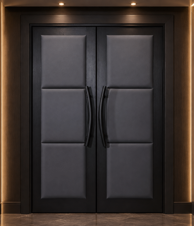 Front elevation of dark wood home theater double doors featuring storm gray padded leather panels, curved dark pull handles, and ambient side wall lighting by Crown Custom Doors.