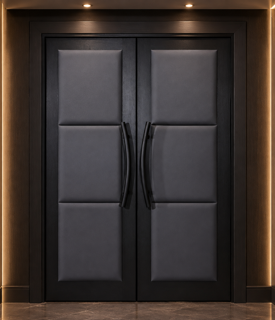 Front elevation of dark wood home theater double doors featuring storm gray padded leather panels, curved dark pull handles, and ambient side wall lighting by Crown Custom Doors.