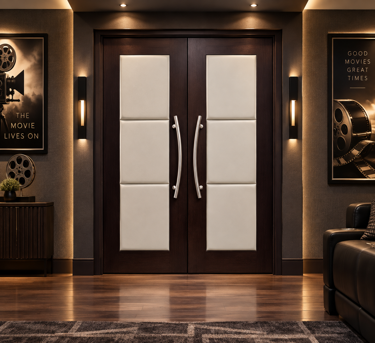 Modern luxury acoustic home theater double doors made of dark stained solid wood with off-white padded leather center panels and brushed metal curved pull handles, installed in a home cinema entry.