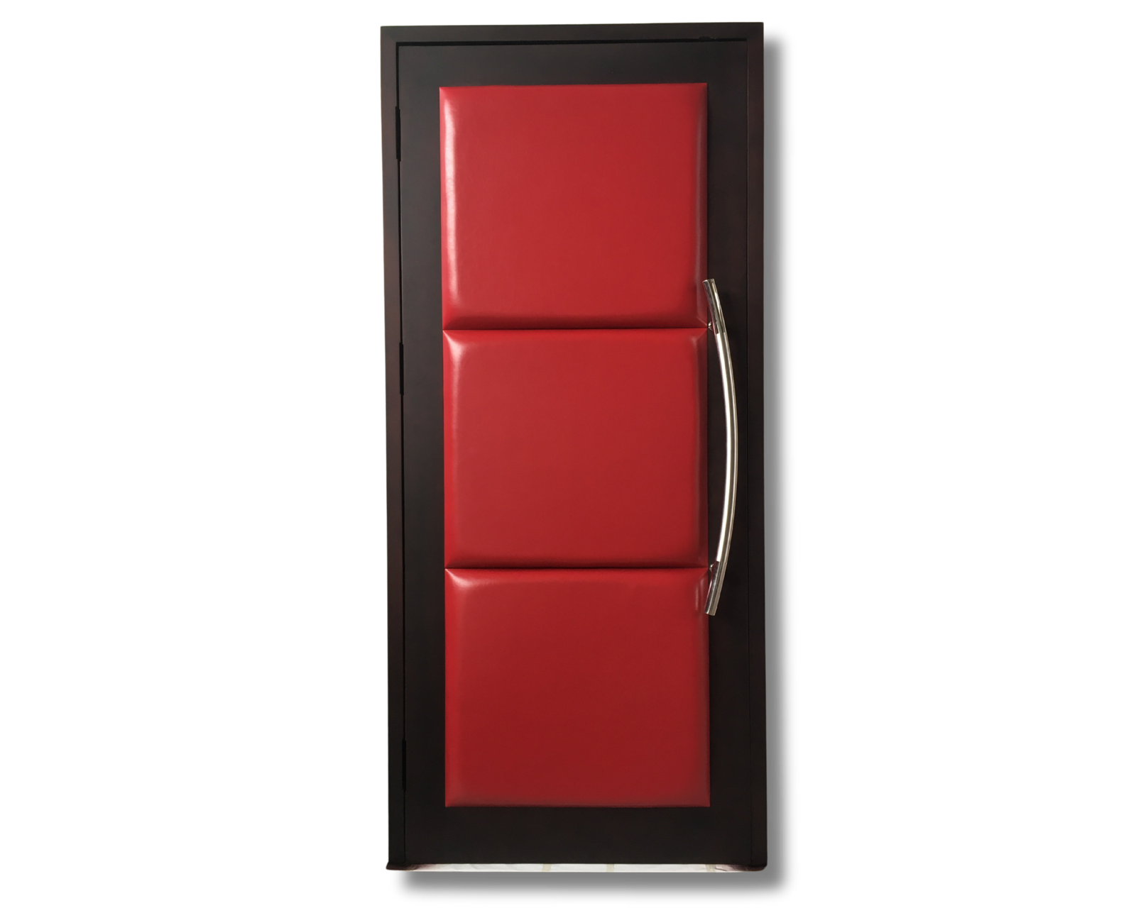Modern soundproof home theater door featuring three vertical crimson red upholstered leather panels, a dark wood frame, and a sleek brushed stainless steel curved pull handle.