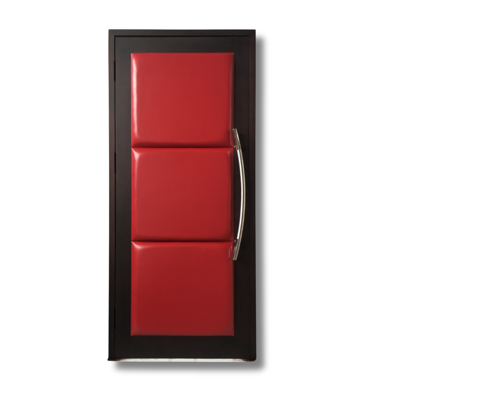 Custom soundproof single entry home theater door featuring three padded crimson red leather-look panels, a dark solid wood frame, and a curved brushed stainless steel pull handle.