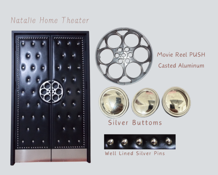 Product showcase for the Natalie Home Theater soundproof double door set by Crown Custom Doors, highlighting tufted black vinyl upholstery, cast aluminum film reel pull handles, polished silver buttons, and silver perimeter tack studs with bottom kickplates.