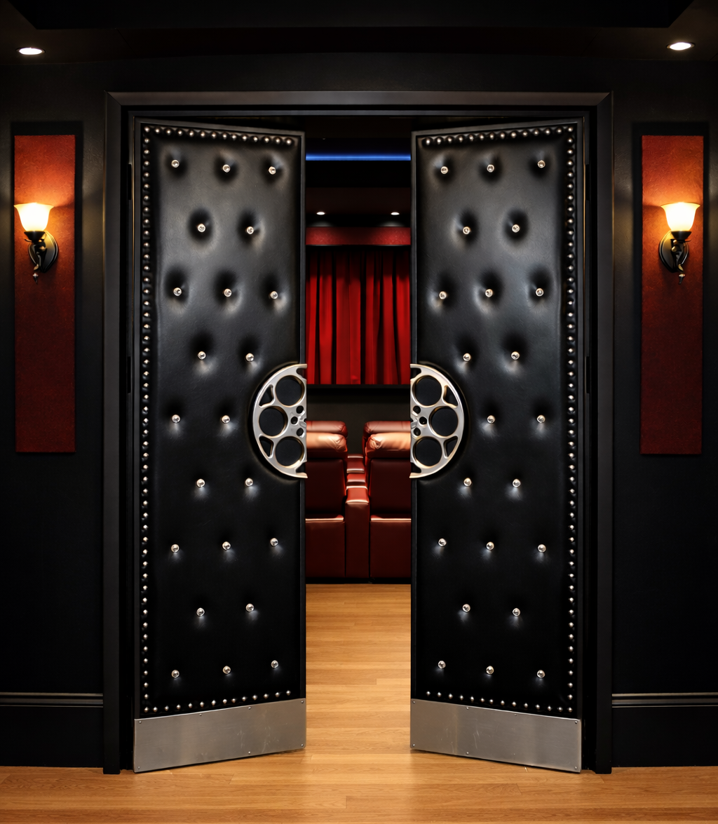 Open view of custom Natalie Kelpin soundproof double doors upholstered in diamond-tufted black vinyl with silver film reel handles and metallic kickplates, leading into a luxury private home cinema with red seating and wall sconces.