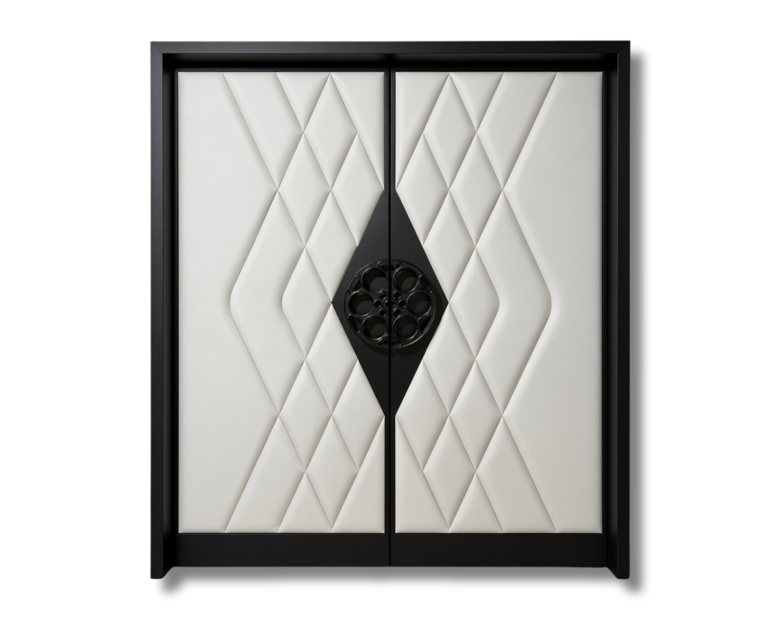 Custom off-white diamond-quilted upholstered acoustic home theater double doors set in a black frame, featuring a central diamond motif with ornate black film reel pull handles.
