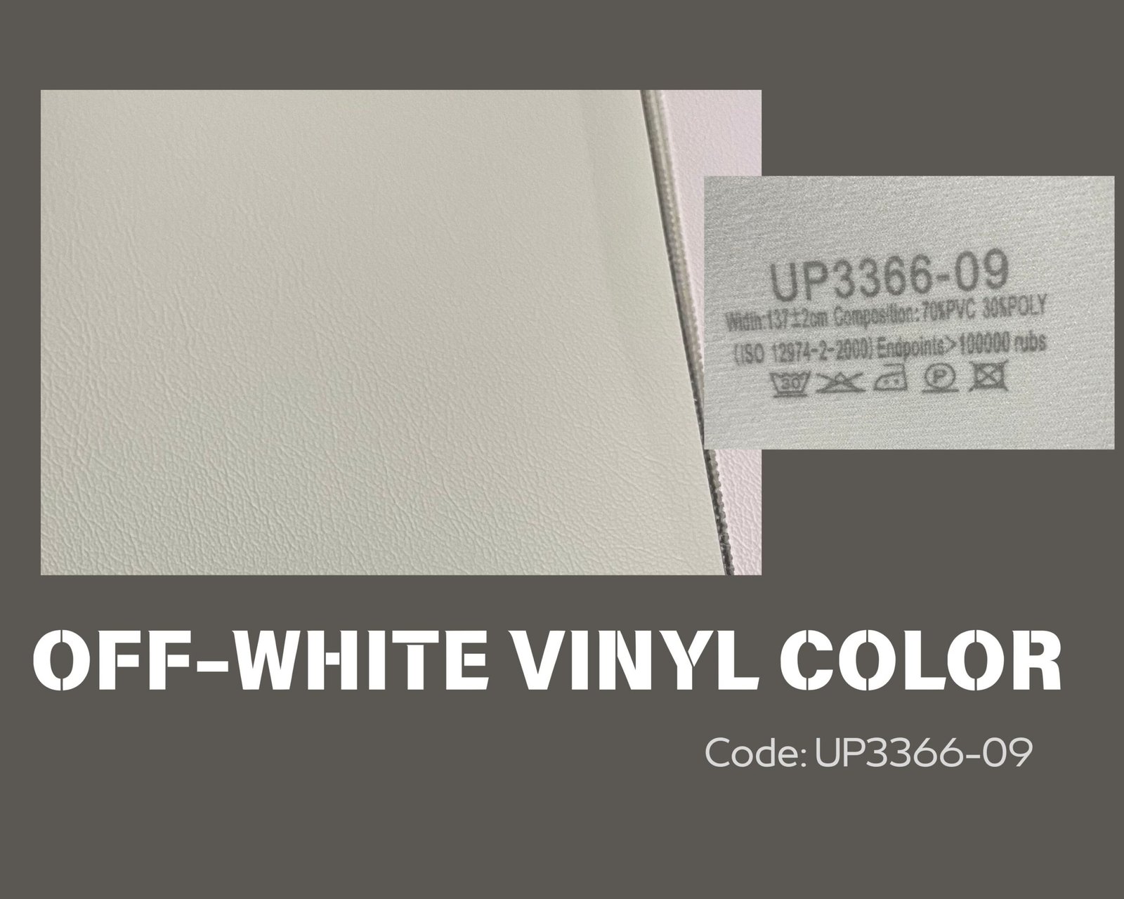 Material swatch chart showing off-white vinyl upholstery code UP3366-09 with technical fabric specifications overlay for custom soundproof door manufacturing by Crown Custom Doors.