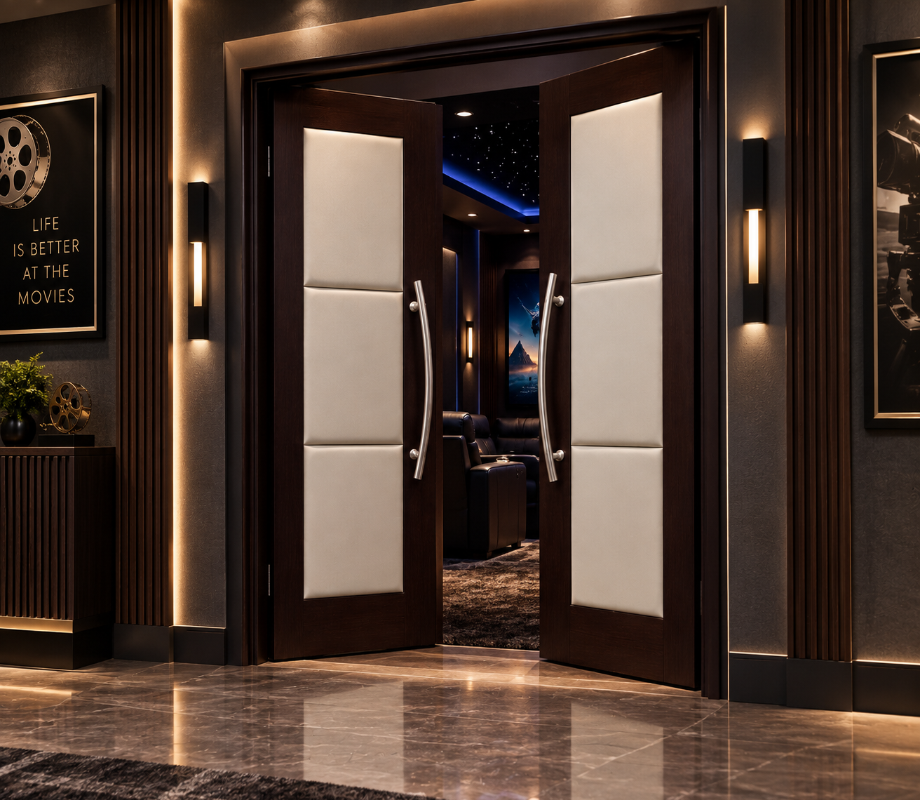 Open luxury acoustic home theater double doors made of dark stained solid wood with off-white padded leather center panels, revealing a private cinema room with star ceiling and leather seating.