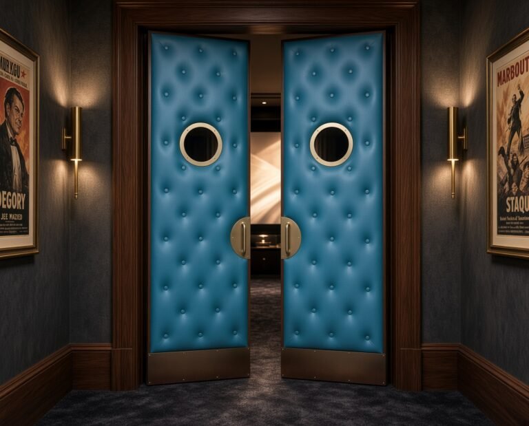 Open view into a custom home theater showing teal blue tufted upholstered soundproof double doors with brass porthole glass, circular brass handles, and rich dark wood jamb casing.