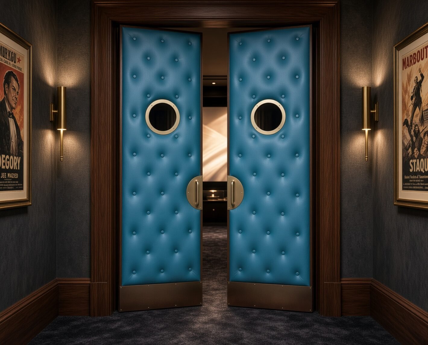 Open view into a custom home theater showing teal blue tufted upholstered soundproof double doors with brass porthole glass, circular brass handles, and rich dark wood jamb casing.