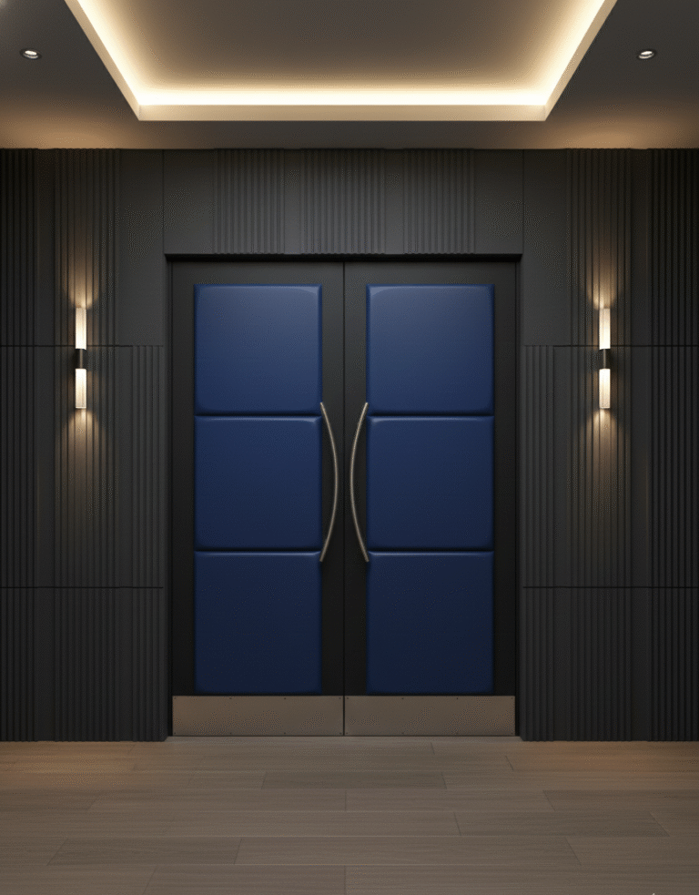 Custom Paul Home Theater acoustic double doors featuring 3-panel blue upholstered vinyl, stainless steel kickplates, and brushed metallic curved ladder handles installed in a dark wood-paneled private cinema hallway with wall sconce lighting.
