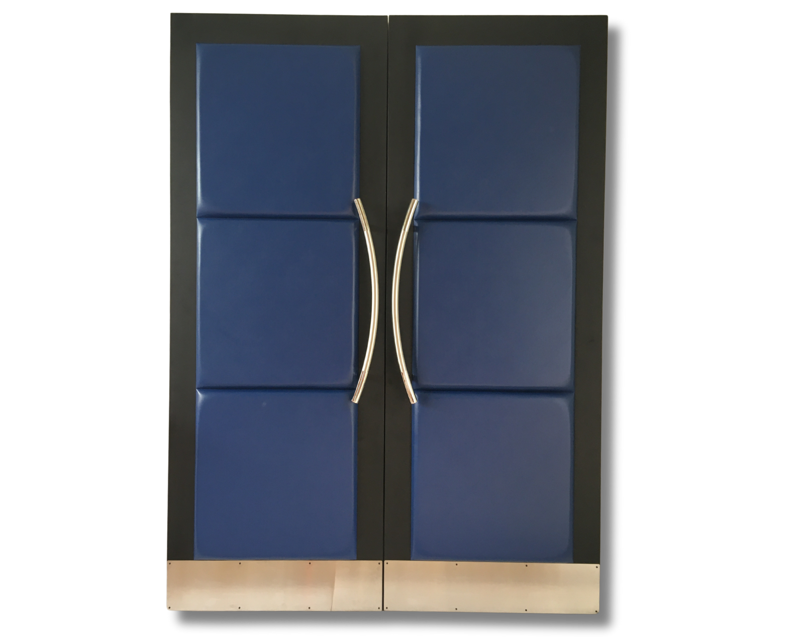 Front view of Paul Home Theater acoustic double doors featuring three padded panels upholstered in Traffic Blue vinyl, solid mahogany black frame, stainless steel kickplates, and brushed metallic curved ladder handles against a plain studio background.