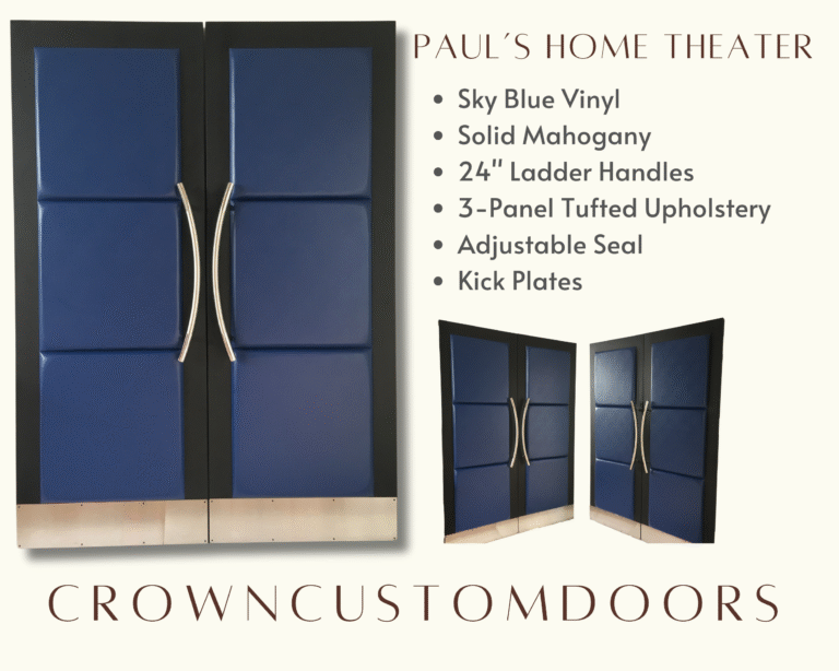 Product feature graphic for Paul's Home Theater soundproof double doors by Crown Custom Doors, showing 3-panel sky blue vinyl tufted upholstery on solid mahogany frames with 24-inch curved ladder handles, bottom kickplates, and adjustable acoustic seals.