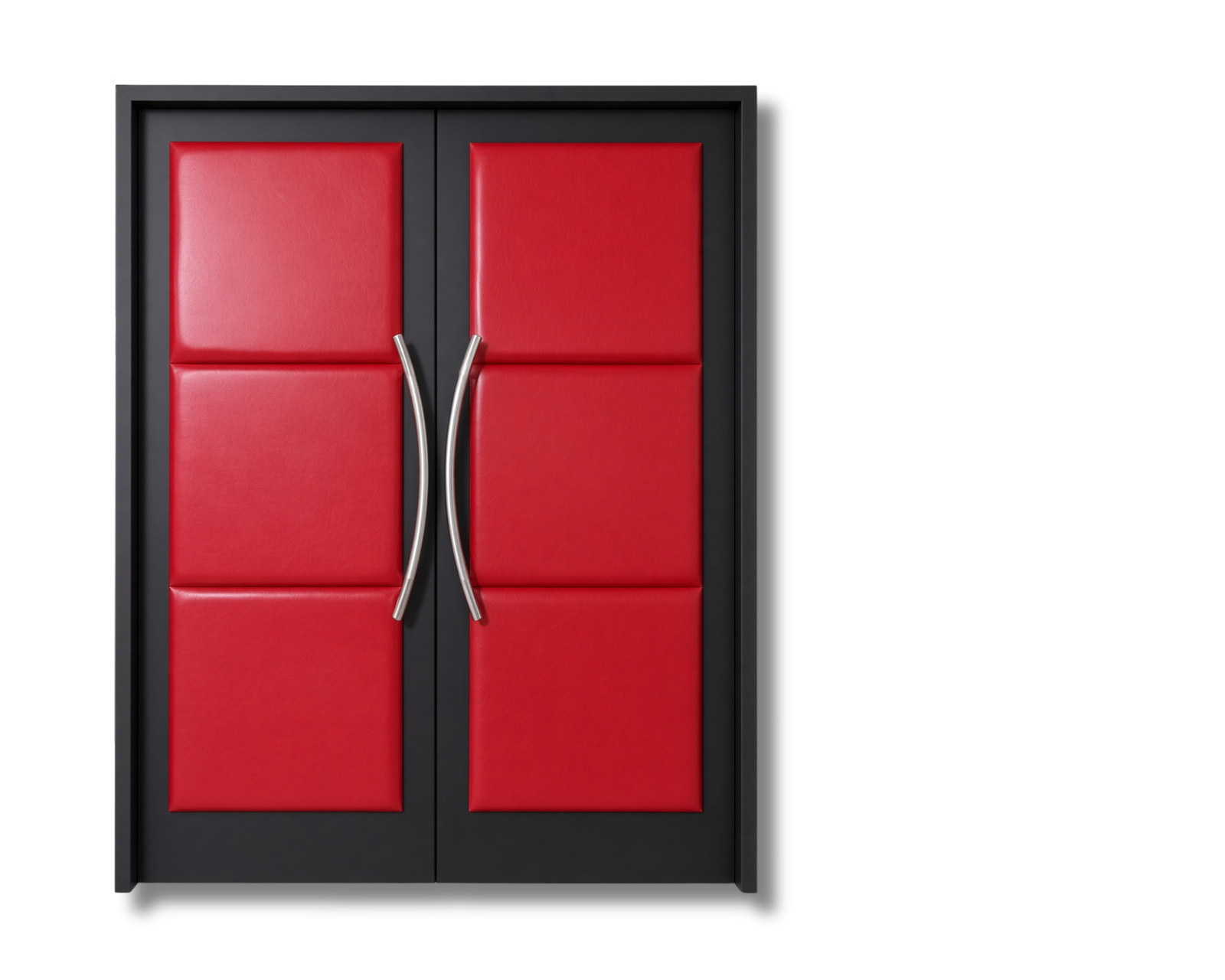 Custom acoustic home theater double doors with vibrant red rectangular padded vinyl panels, dark matte black wooden frame, and curved brushed silver handles.