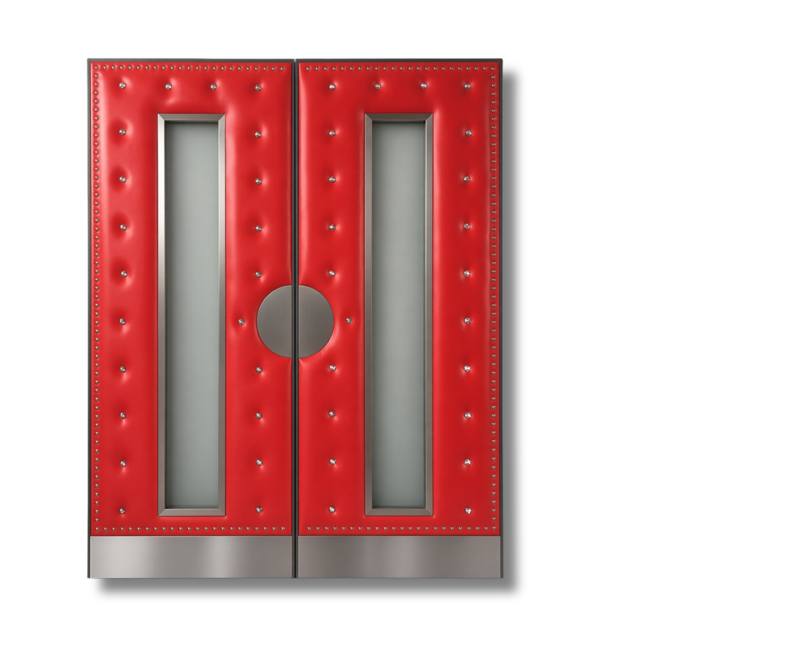 Custom soundproof double home theater doors featuring bright red button-tufted upholstery, vertical frosted vision glass panels, silver stud border trim, and a semicircular brushed silver center pull handle.