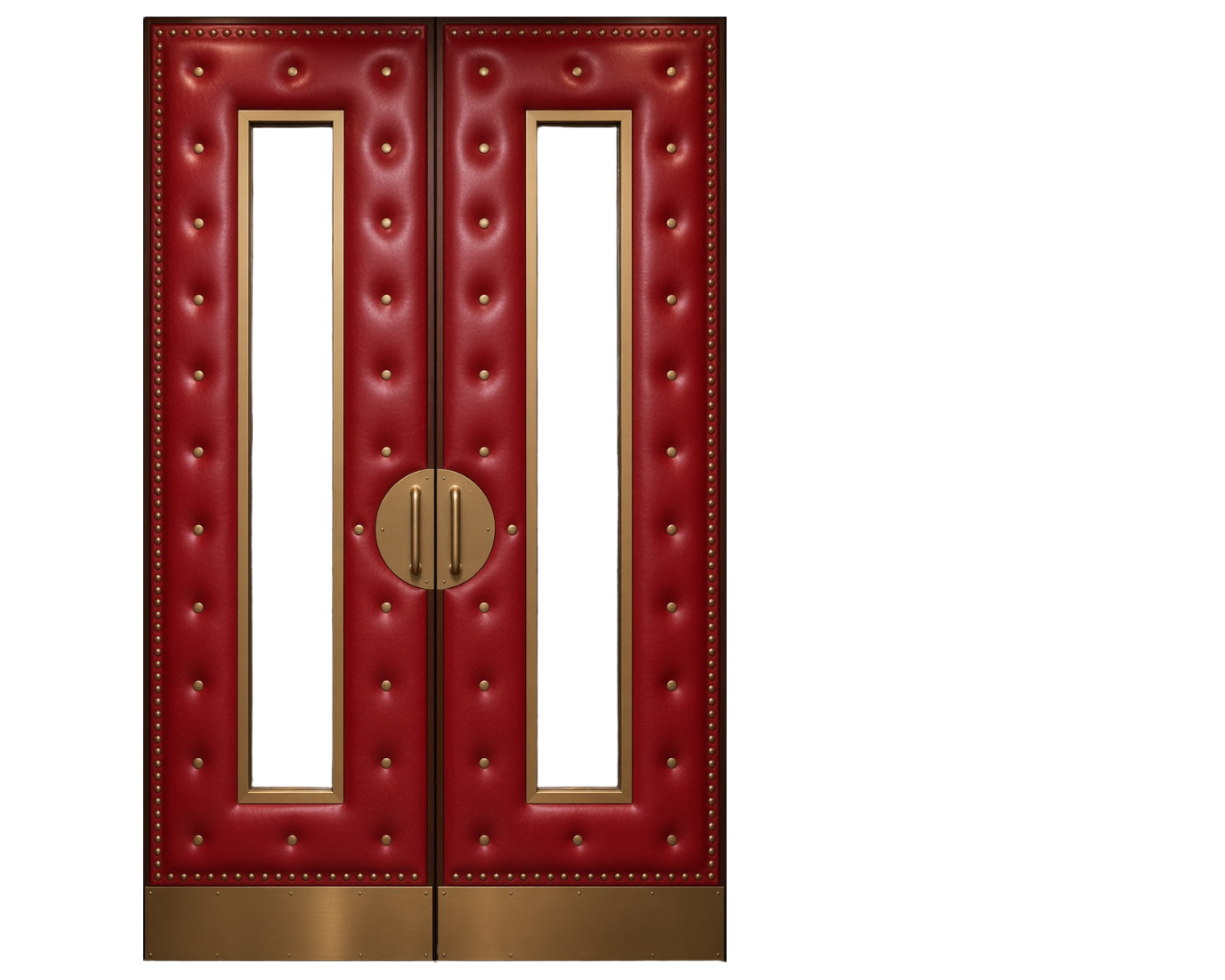 Custom red tufted vinyl acoustic double doors featuring gold brass studs, central film reel pull handles, rectangular glass vision panels, and protective bottom kick plates crafted by CROWNCUSTOMDOORS.