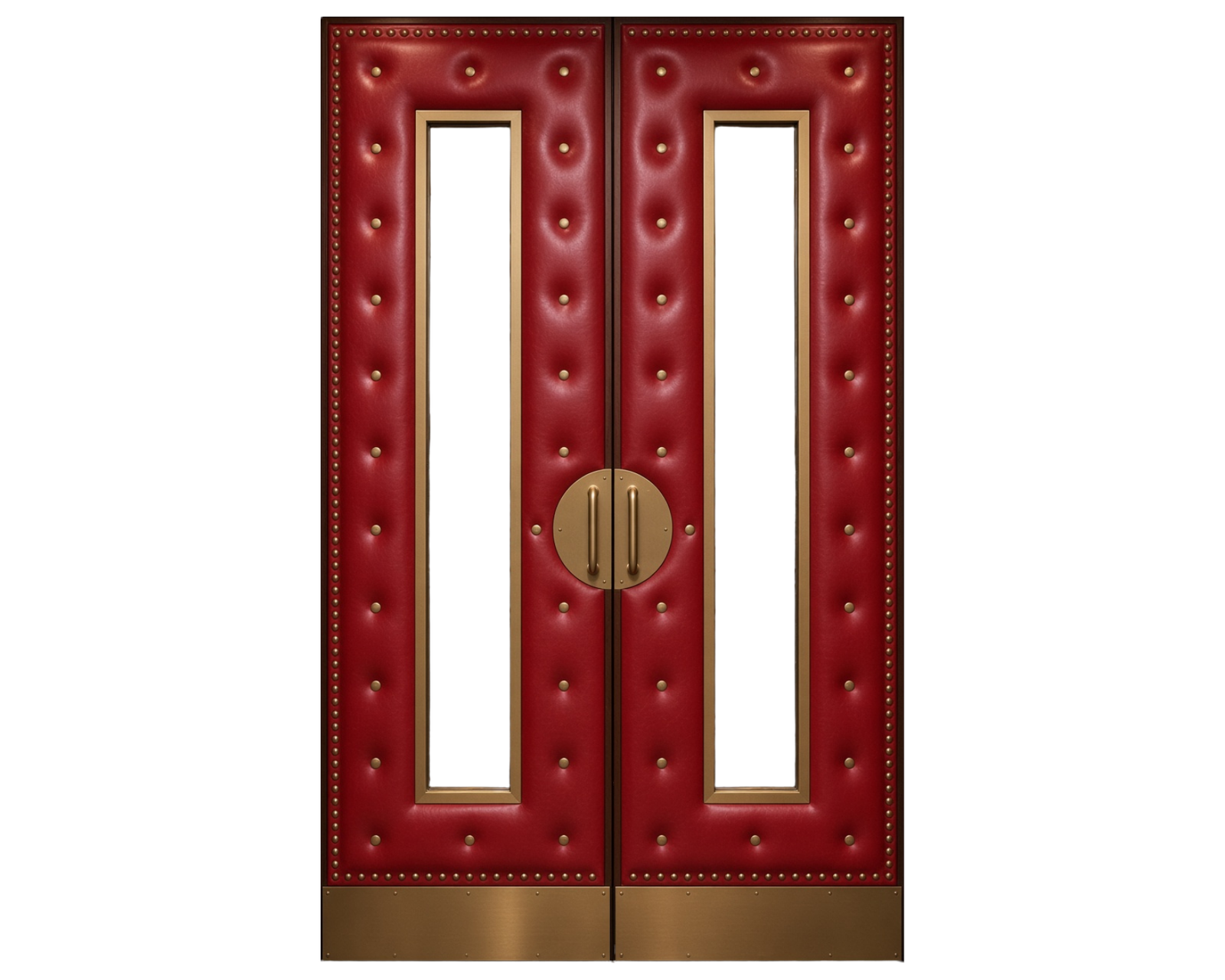 Acoustic home theater double doors clad in red tufted vinyl featuring electroplated brass studs, brass kick plates, vertical glass vision panels, and central film reel handles crafted by CROWNCUSTOMDOORS.