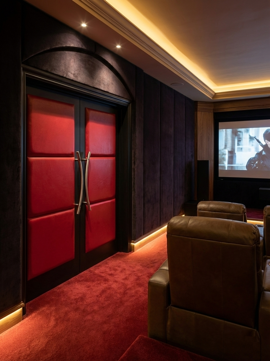 Closed custom acoustic home theater double doors with vibrant red vinyl 3-panel padded upholstery, dark wood frame, and brushed silver curved handles in a luxury home cinema with dark suede wall panels by CROWNCUSTOMDOORS.