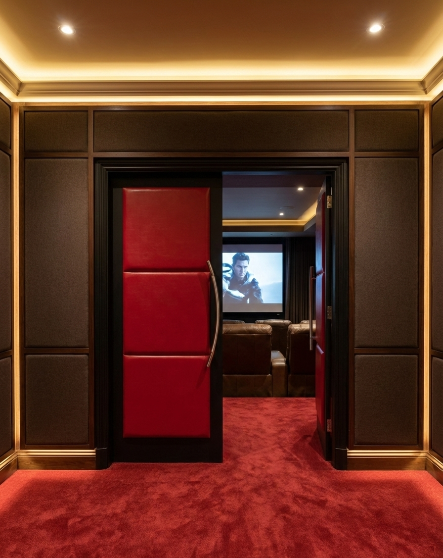 Open custom acoustic home theater double doors with vibrant red vinyl 3-panel padded upholstery and silver curved handles leading into a luxury home cinema with red carpeting and screen seating by CROWNCUSTOMDOORS.
