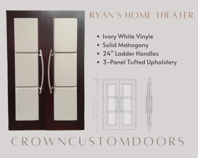 Product specification sheet for custom solid mahogany acoustic home theater double doors showing a door model, CAD architectural drawing, and key specifications including Ivory White Vinyl and 24-inch ladder handles by Crown Custom Doors.