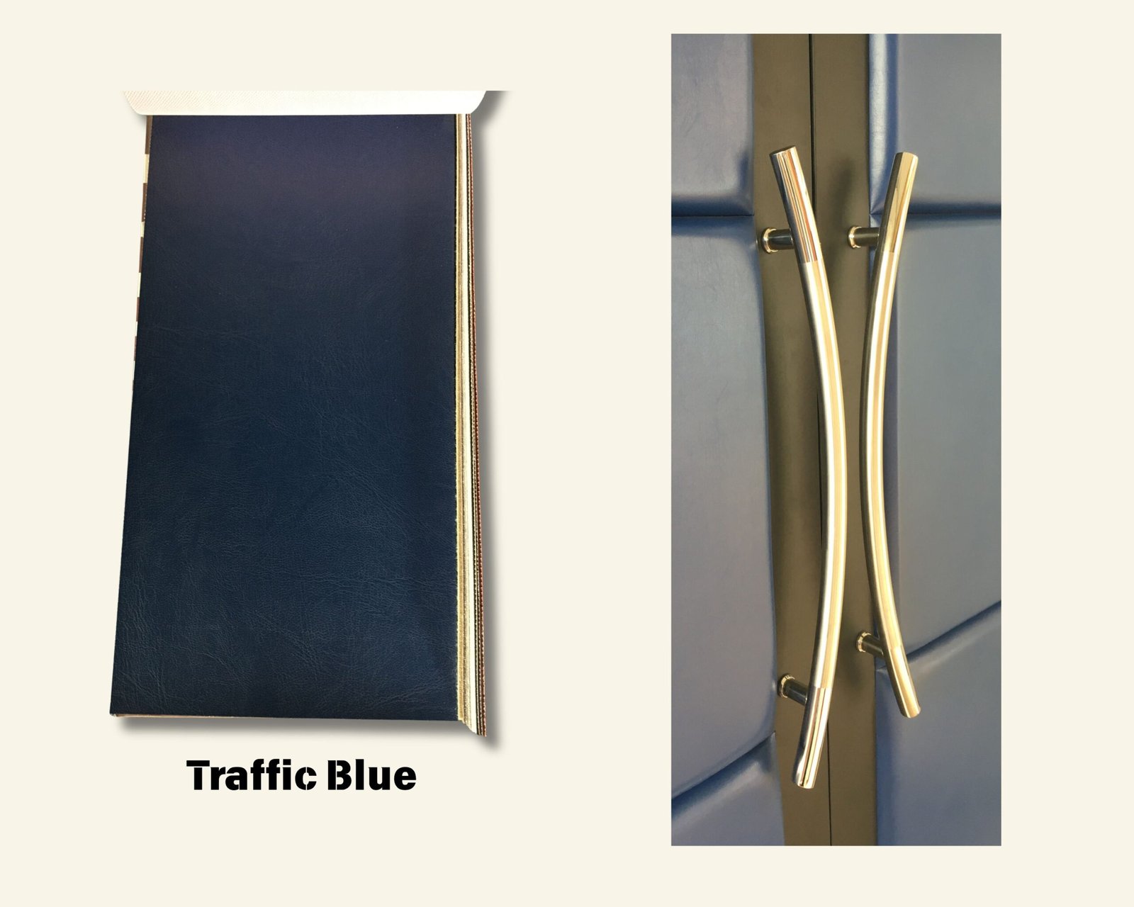 Side-by-side graphic featuring a Traffic Blue vinyl upholstery material swatch next to a close-up of custom brushed metallic curved ladder handles mounted on blue padded soundproof double doors by Crown Custom Doors.