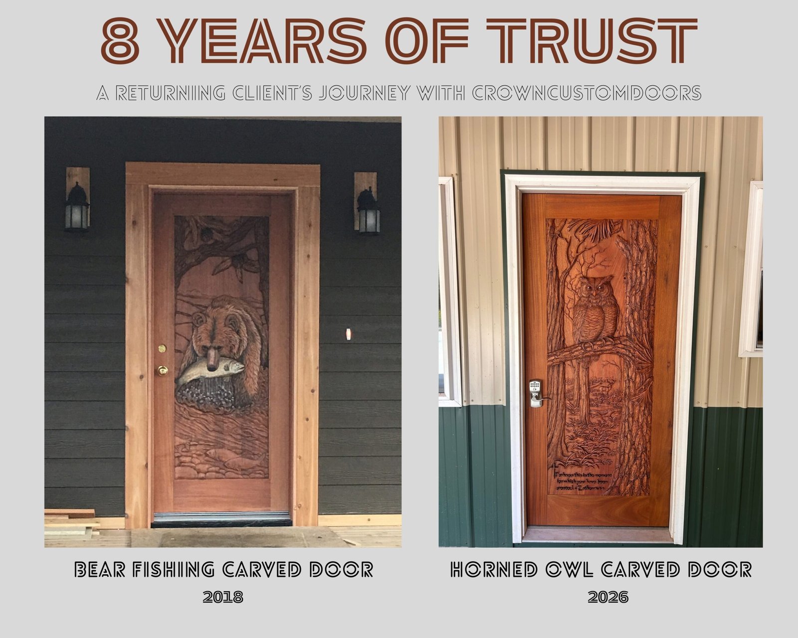 Side-by-side comparison of two custom hand-carved solid wood doors made 8 years apart for the same client by Crown Custom Doors: a 2018 Bear Fishing Carved Door and a 2026 Horned Owl Carved Door.