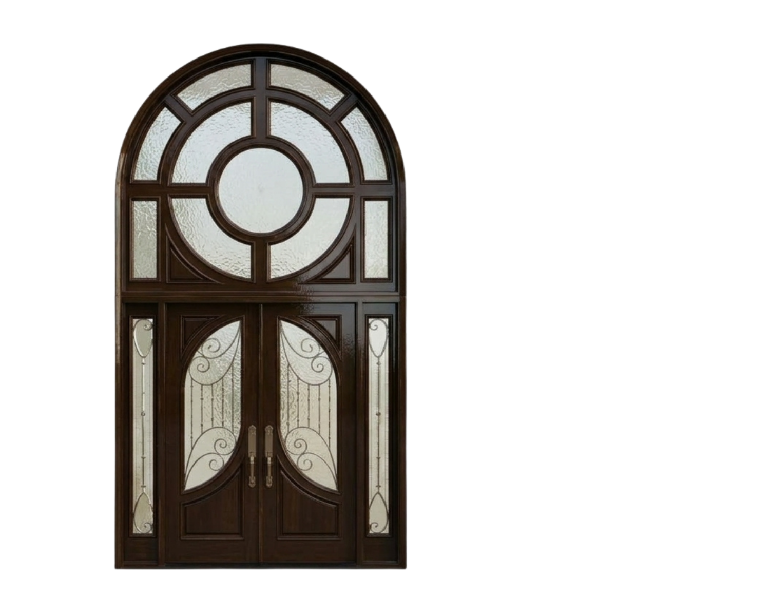 Custom dark mahogany arched double entry door featuring ornate wrought iron scrollwork, textured privacy glass, circular transom, and matching sidelights by CROWNCUSTOMDOORS.