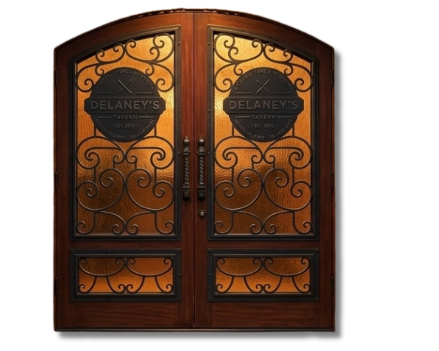 Custom arched wooden double entry doors featuring ornate black wrought iron scrollwork, amber textured glass panels, dark wood finish, and personalized tavern signage.