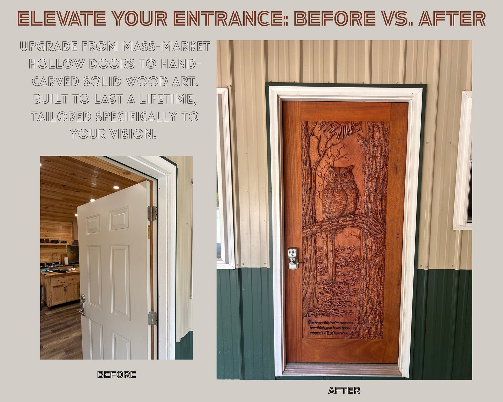 Before and after comparison of replacing a basic hollow white panel door with a custom hand-carved solid wood horned owl door by Crown Custom Doors.