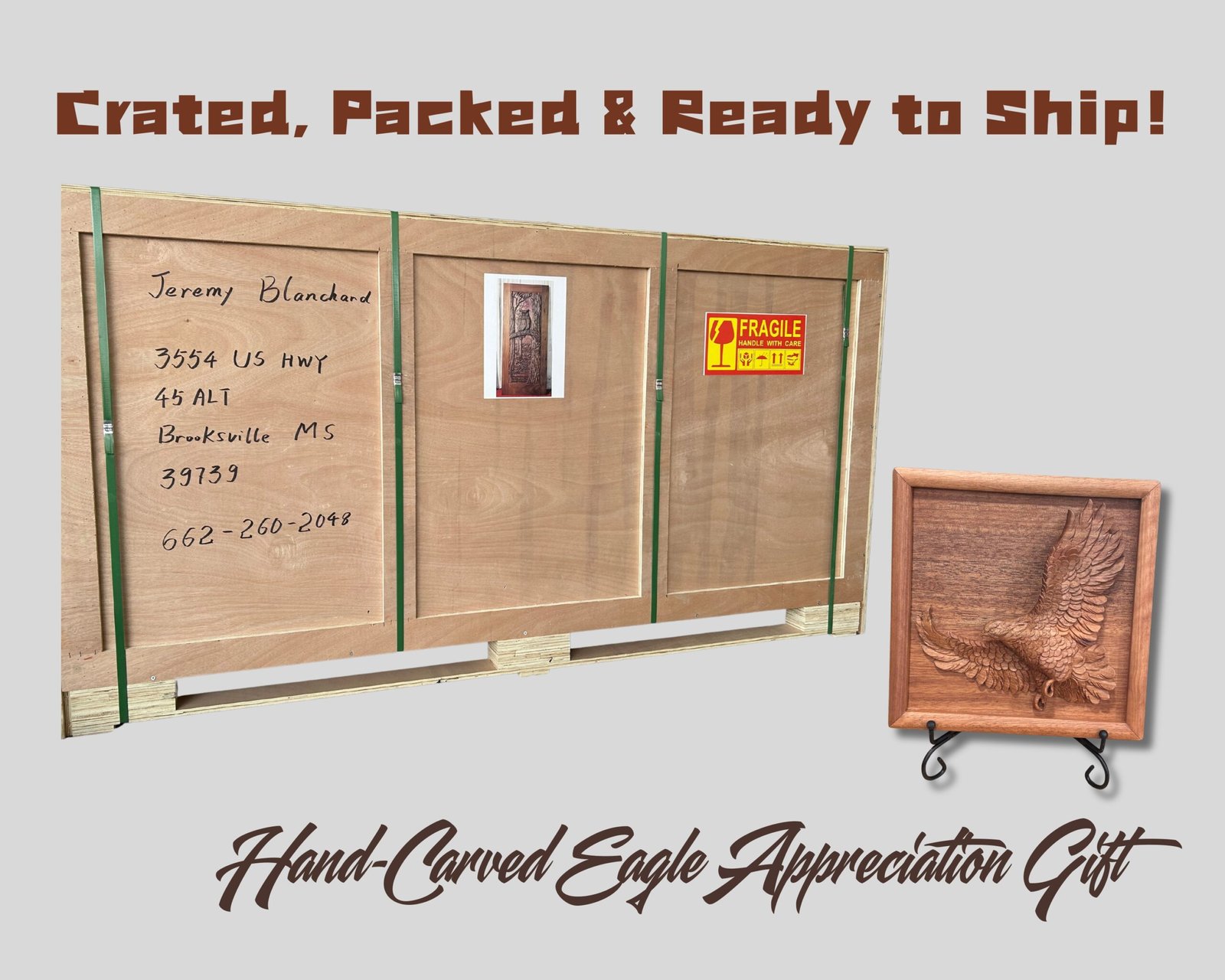 Heavy-duty wooden shipping crate for a custom carved owl door alongside a framed hand-carved solid wood eagle relief appreciation gift, featuring overlay text "Crated, Packed & Ready to Ship!" and "Hand-Carved Eagle Appreciation Gift".