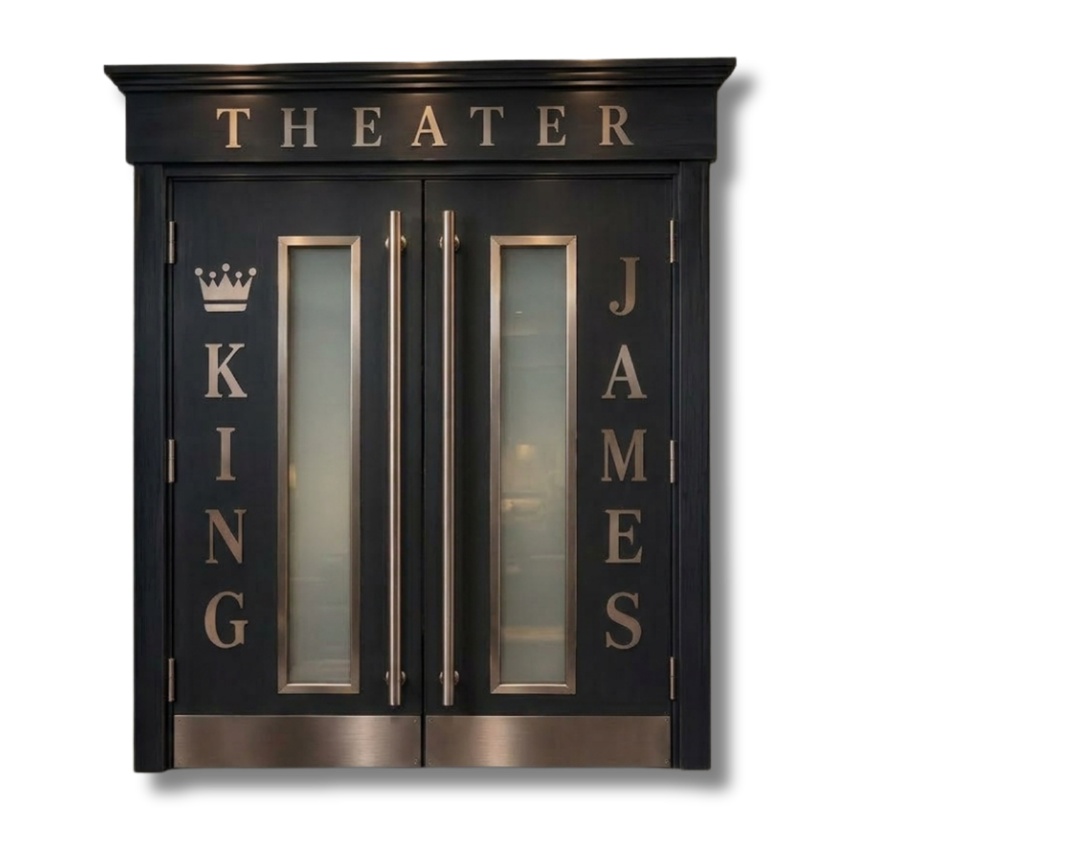 Custom dark stained solid wood home theater double doors with decorative top headpiece, long vertical stainless steel pull handles, frosted glass panels, stainless steel kick plates, and metallic lettering reading KING JAMES THEATER on a solid dark background.
