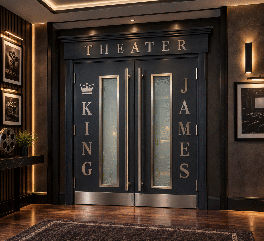 Custom dark wood home theater double doors featuring frosted glass panels, long stainless steel vertical bar handles, metallic "THEATER KING JAMES" lettering, and stainless steel kick plates.