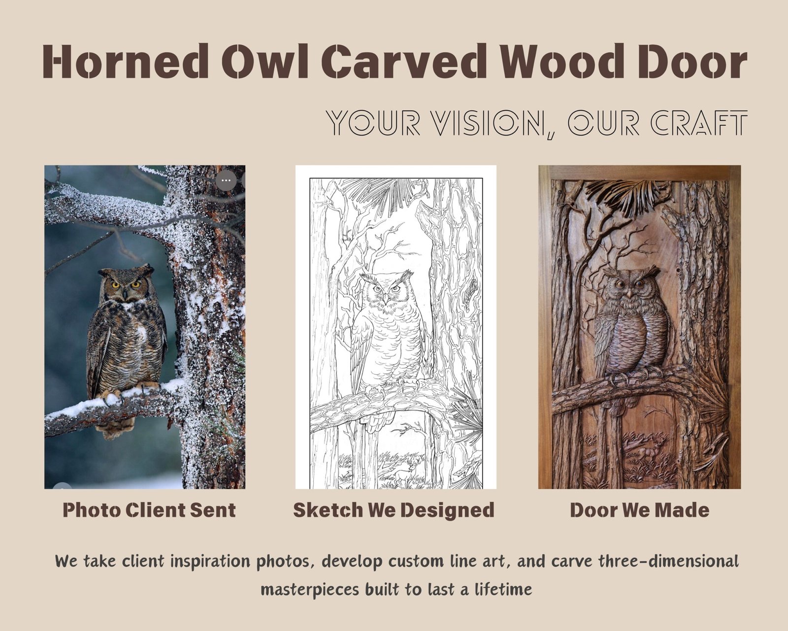 Three-panel showcase showing the custom wood door creation process: a client photo of a horned owl in a snowy tree, a detailed CAD design sketch, and the final hand-carved solid wood owl door.