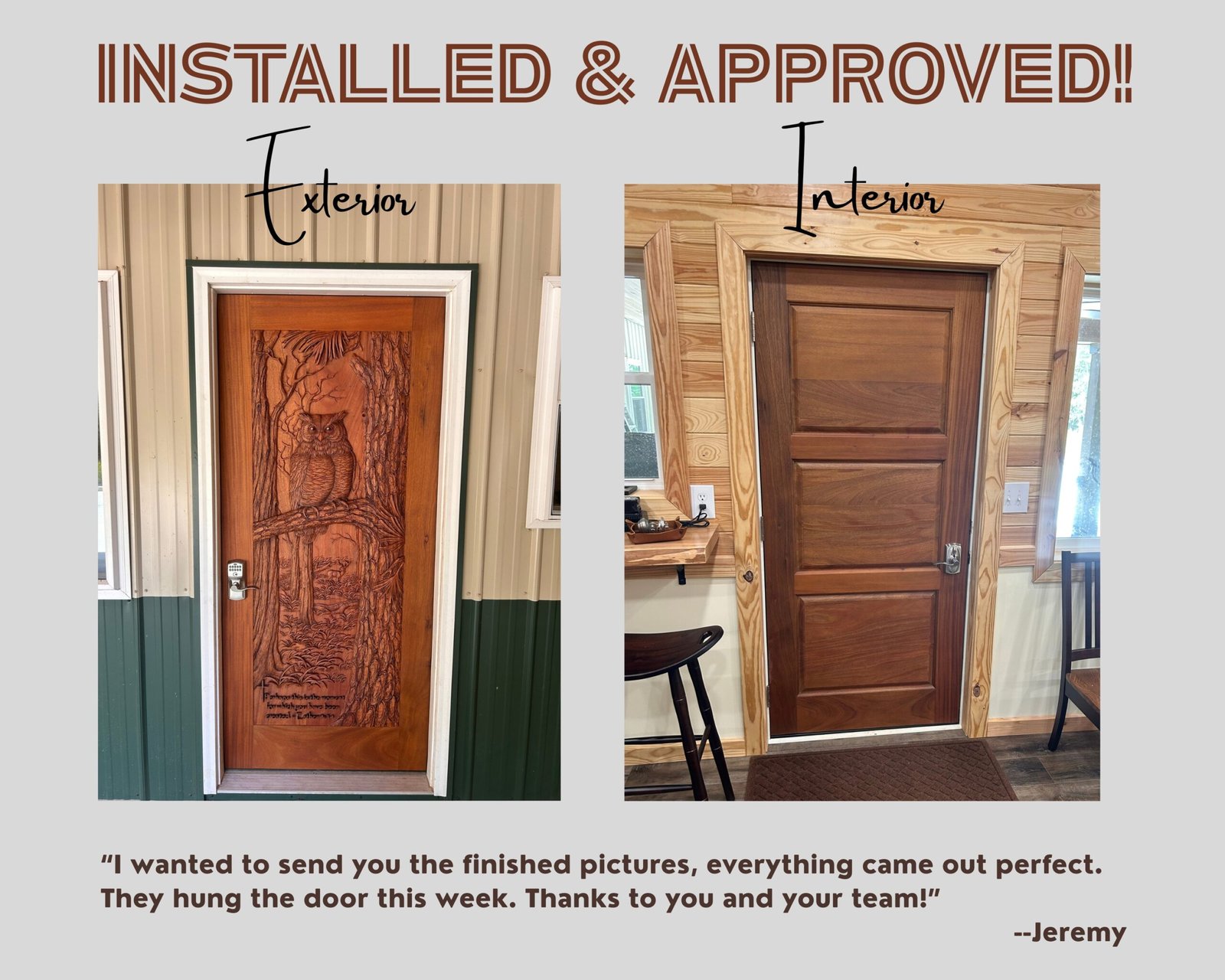 Side-by-side installed view of a custom solid wood door showing the hand-carved horned owl exterior side and the 3-panel interior side in a client's home with a review quote from Jeremy.